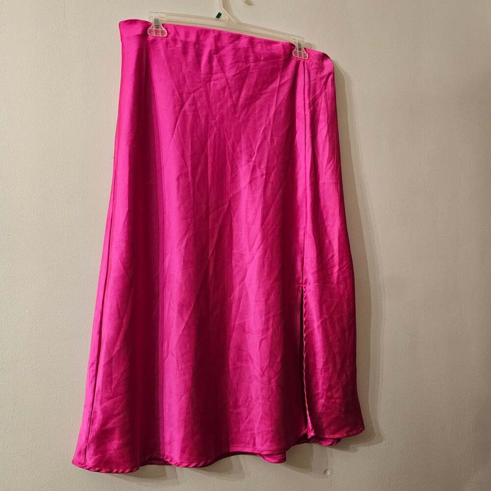Renee C Pink Satin Midi Skirt 3XL Made in USA Side Slit Plus Size Fuchsia - Picture 5 of 7